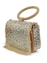 Sylvie Gold Flap Over Bag from The Tan Clan, stylish gold-toned flap bag with elegant design and top handle for versatile wear.