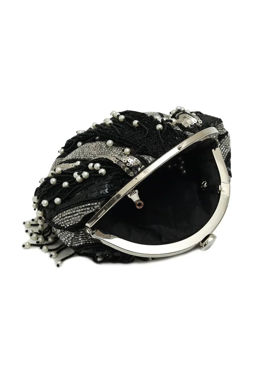 Black pearl Batua bag by The Tan Clan featuring traditional design and woven details.