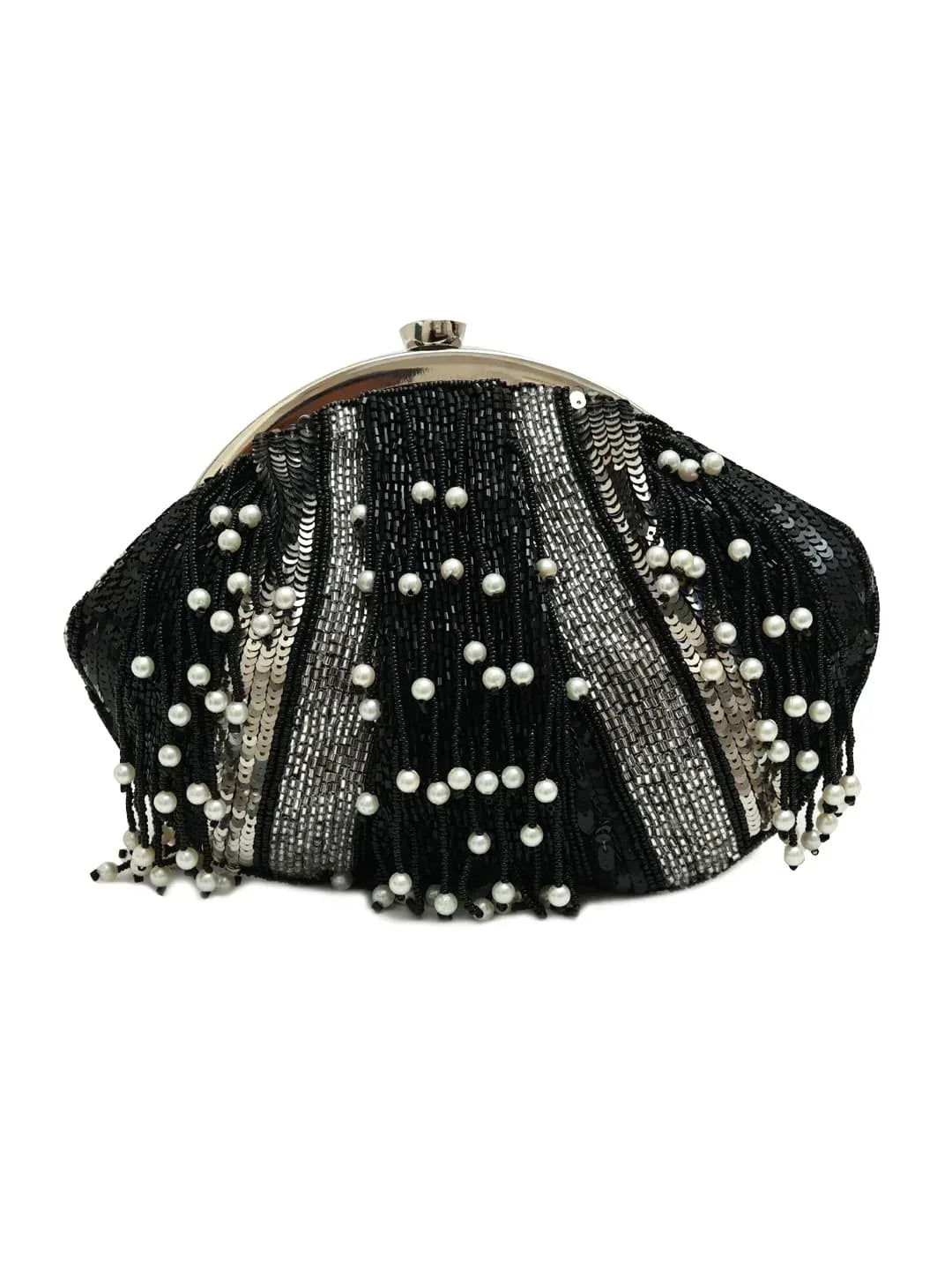 A black pearl Batua Bag from The Tan Clan with a sleek design and traditional woven detailing.