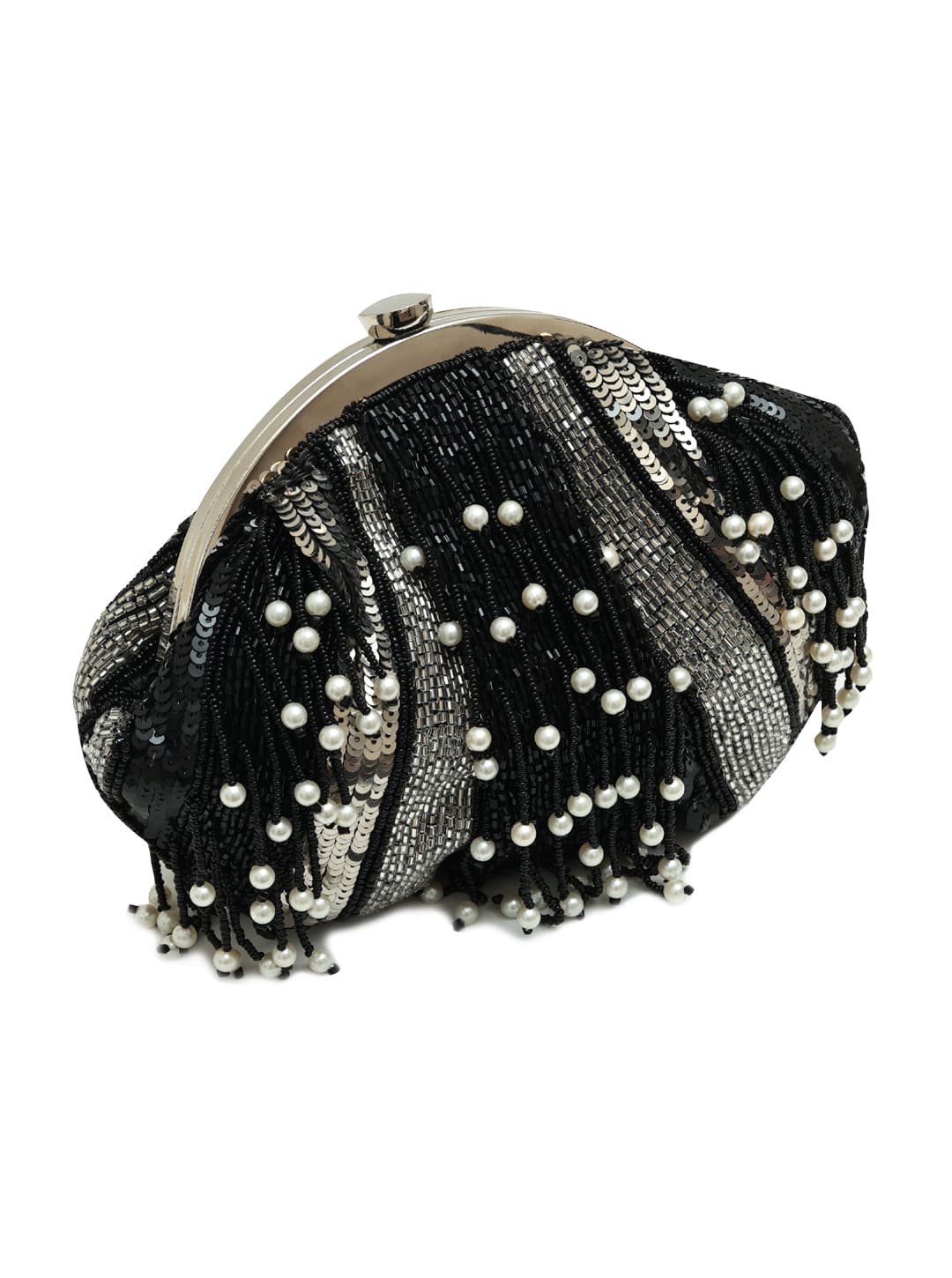 A black pearl Batua Bag from The Tan Clan, showcasing a traditional woven design with a sleek, elegant appearance.