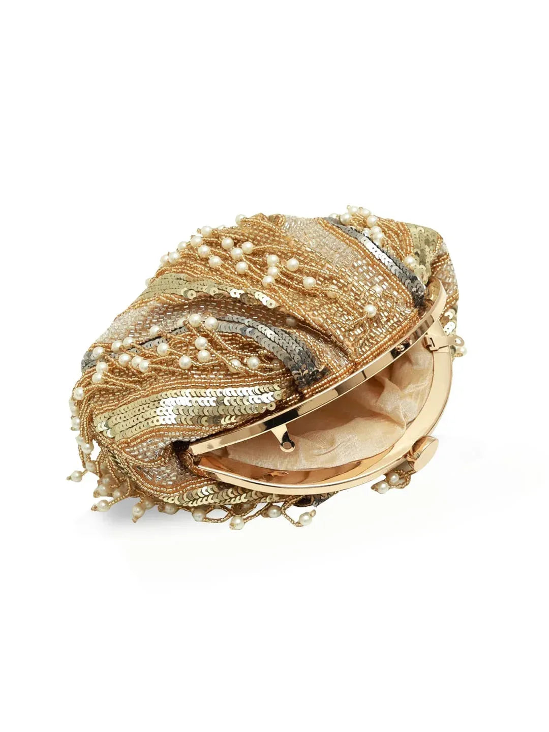 Ava Gold Pearl Batua Bag by The Tan Clan featuring gold and pearl accents on traditional batua bag style.