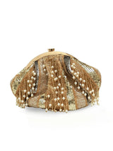 A gold pearl Batua bag by The Tan Clan featuring intricate design and traditional style, perfect for festive occasions.