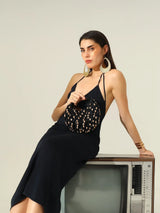 Bella Black Multicolor Half Moon Bag by The Tan Clan, stylish Batua Bag with vibrant multicolor design and curved shape.