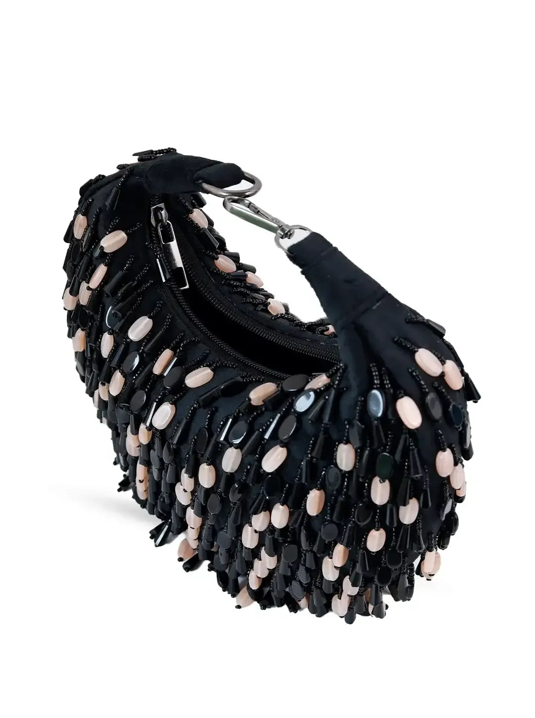 Bella black multicolor half moon Batua bag by The Tan Clan featuring vibrant patterns and a stylish crescent shape.
