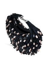 Bella black multicolor half moon Batua bag by The Tan Clan featuring vibrant patterns and a stylish crescent shape.
