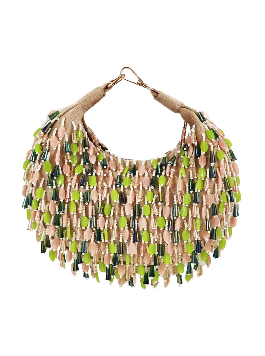 Bella Green Multicolor Half Moon Batua Bag by The Tan Clan featuring vibrant multicolor patterns and a stylish half-moon shape.