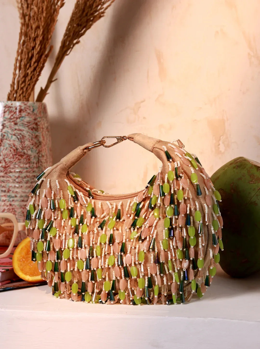 Bella Green Multicolor Half Moon Batua Bag by The Tan Clan, featuring a vibrant, multicolor design and curved shape.