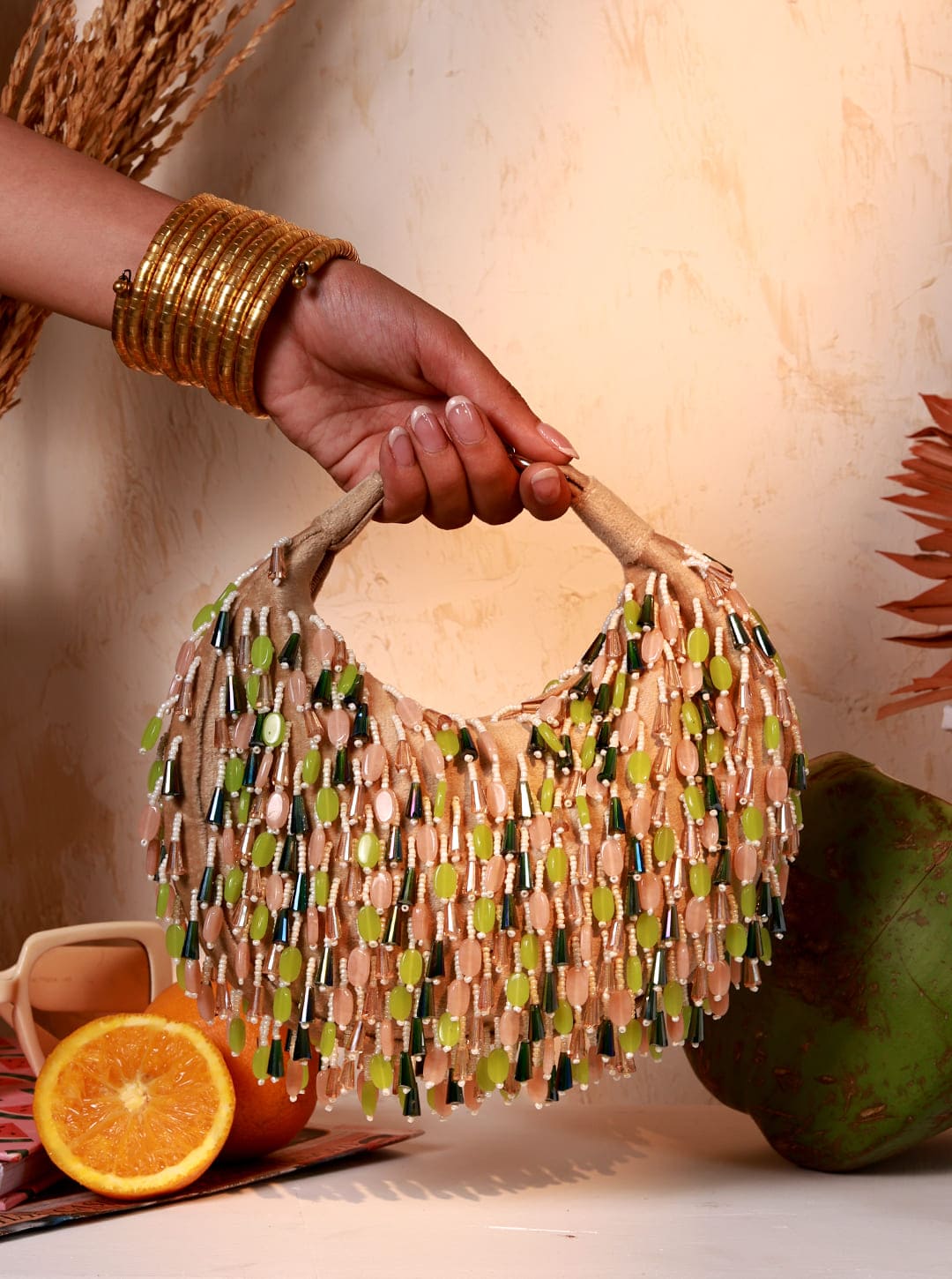Bella Green Multicolor Half Moon Batua Bag by The Tan Clan, featuring vibrant multicolor design and curved shape for casual style.