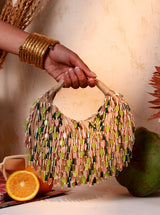 Bella Green Multicolor Half Moon Batua Bag by The Tan Clan, featuring vibrant multicolor design and curved shape for casual style.