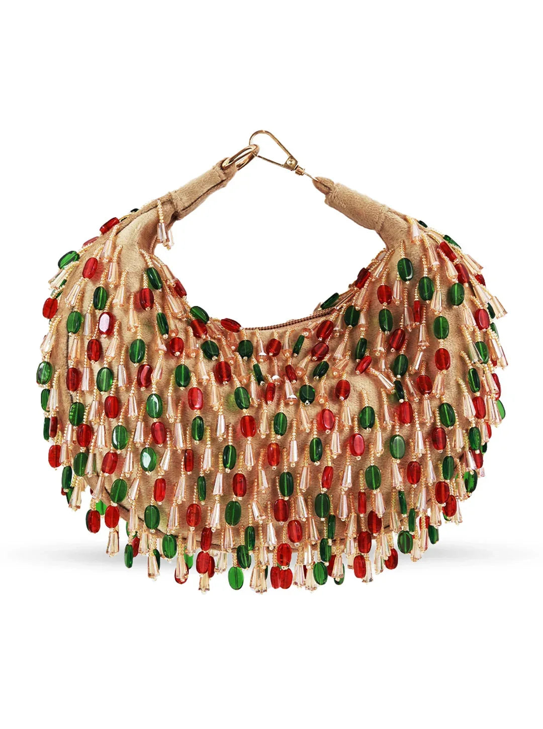 Red multicolor Bella Half Moon Batua Bag by The Tan Clan featuring vibrant patterns and a curved shape.