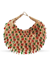 Red multicolor Bella Half Moon Batua Bag by The Tan Clan featuring vibrant patterns and a curved shape.