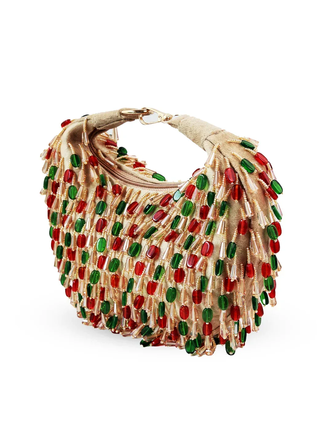 Bella Red Multicolor Half Moon Batua Bag by The Tan Clan, featuring vibrant multicolor pattern and stylish half-moon shape.