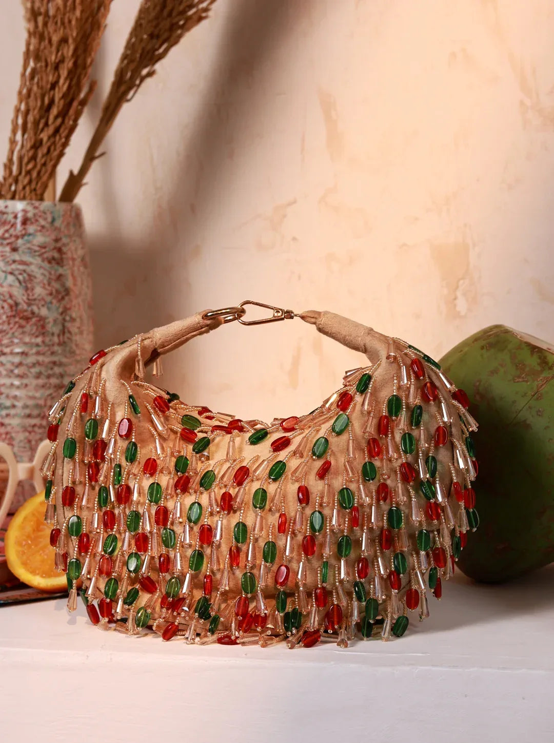 Bella Red Multicolor Half Moon Batua Bag by The Tan Clan with vibrant red, multicolor design and curved shape for stylish carry.