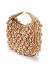 Diya Pearl Half Moon Batua Bag by The Tan Clan featuring pearl embellishments and a stylish half-moon shape.