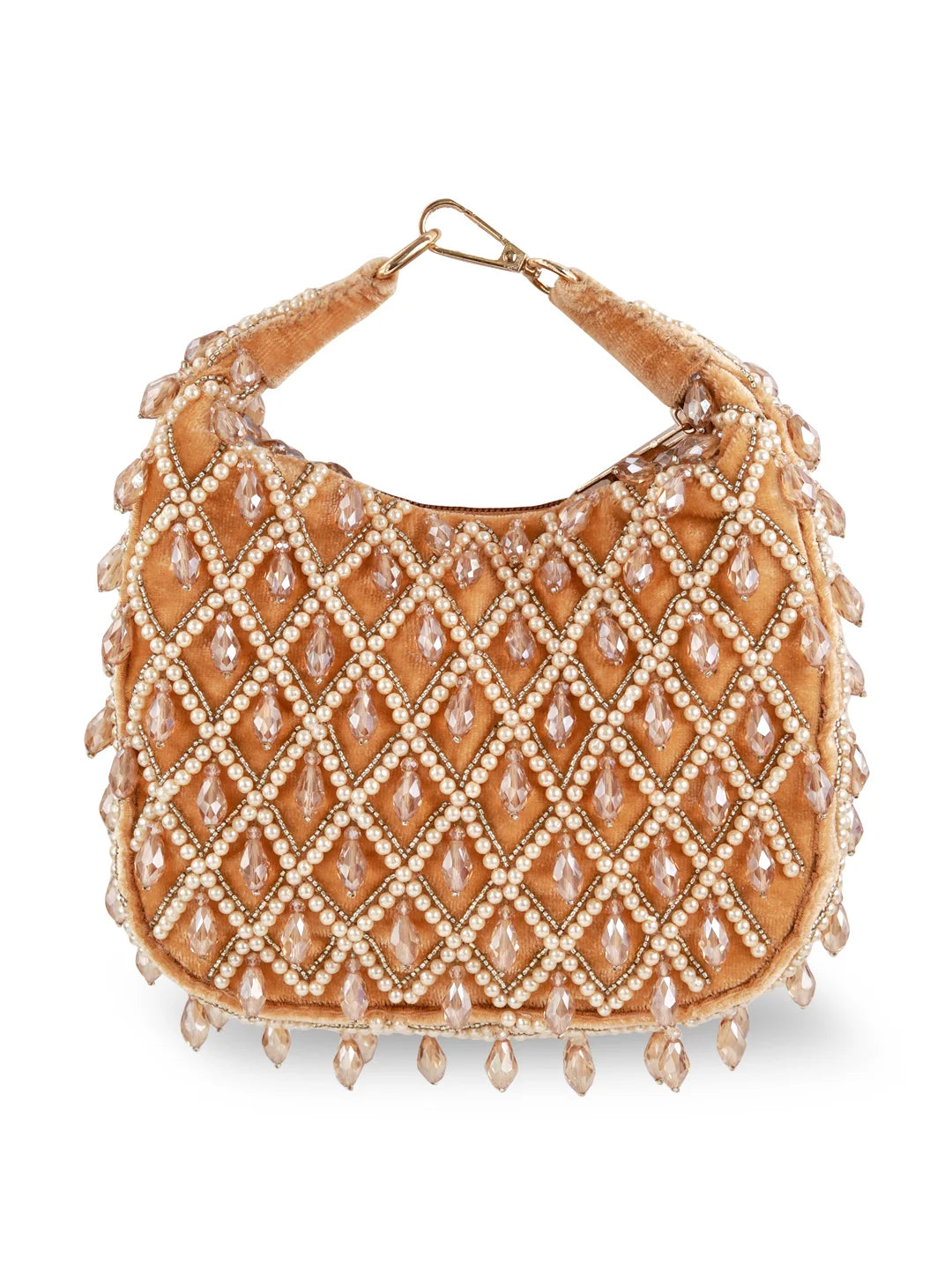 Diya Pearl Half Moon Batua Bag by The Tan Clan featuring pearl embellishments and a stylish half-moon shape.