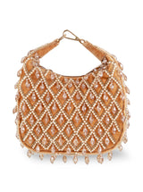Diya Pearl Half Moon Batua Bag by The Tan Clan featuring pearl embellishments and a stylish half-moon shape.