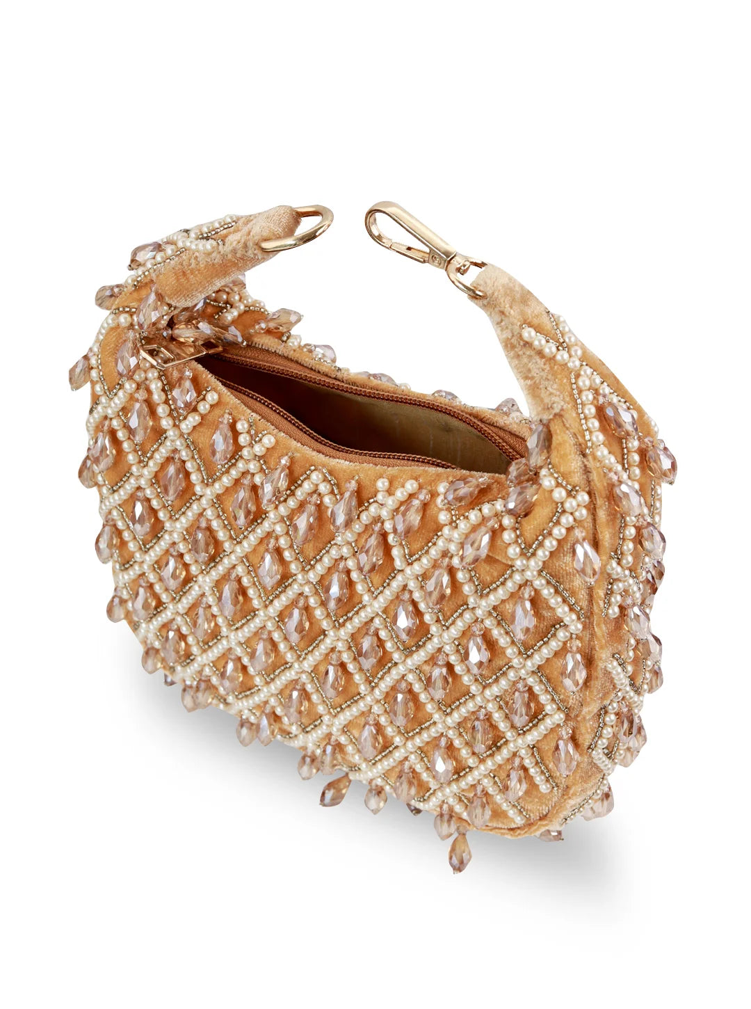 Diya Pearl Half Moon Batua Bag by The Tan Clan featuring pearl embellishments and a stylish half-moon shape.