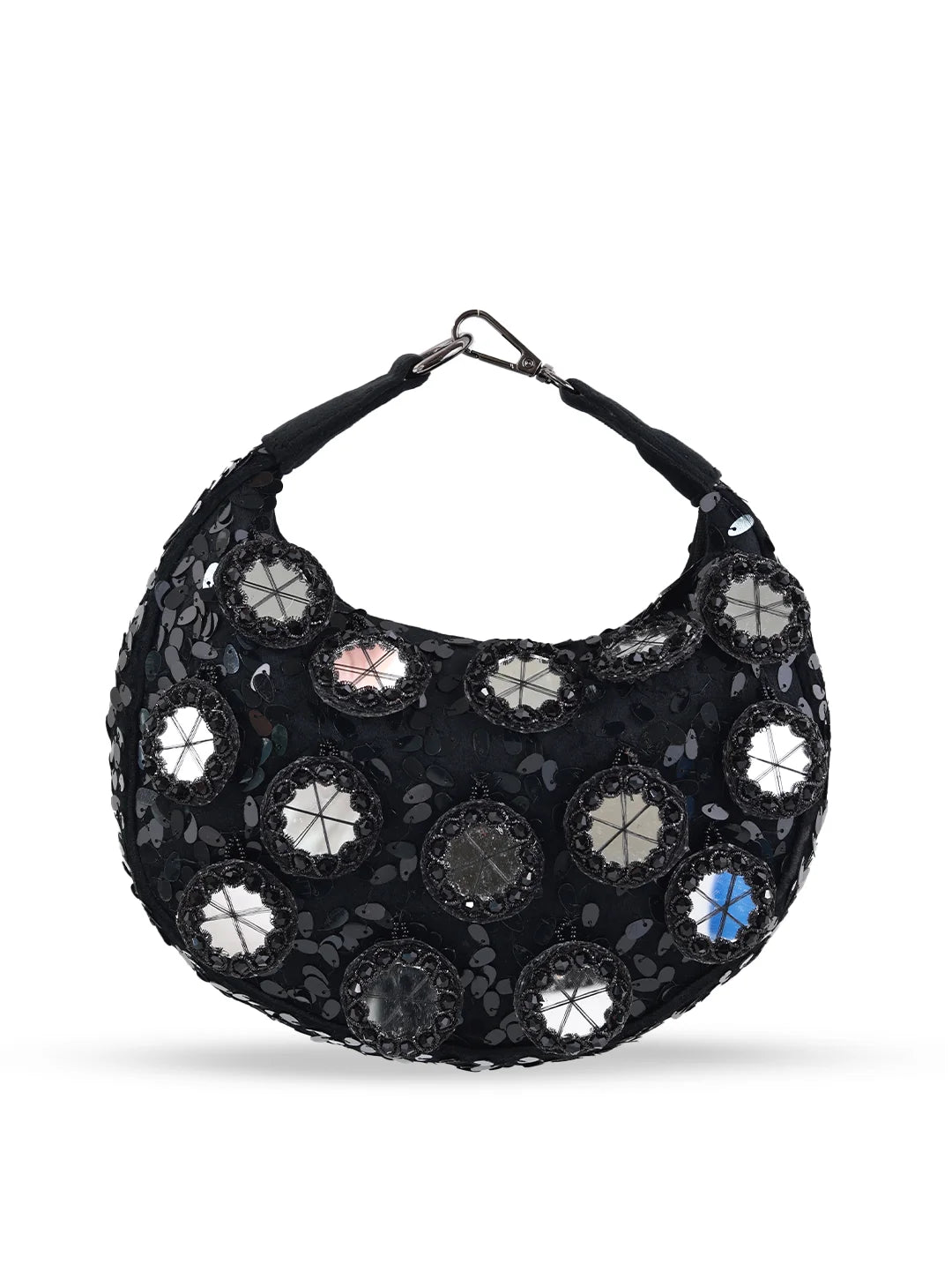 Black Kim Mirror Half Moon Batua Bag by The Tan Clan with sleek design and mirror detail, perfect for stylish everyday use.