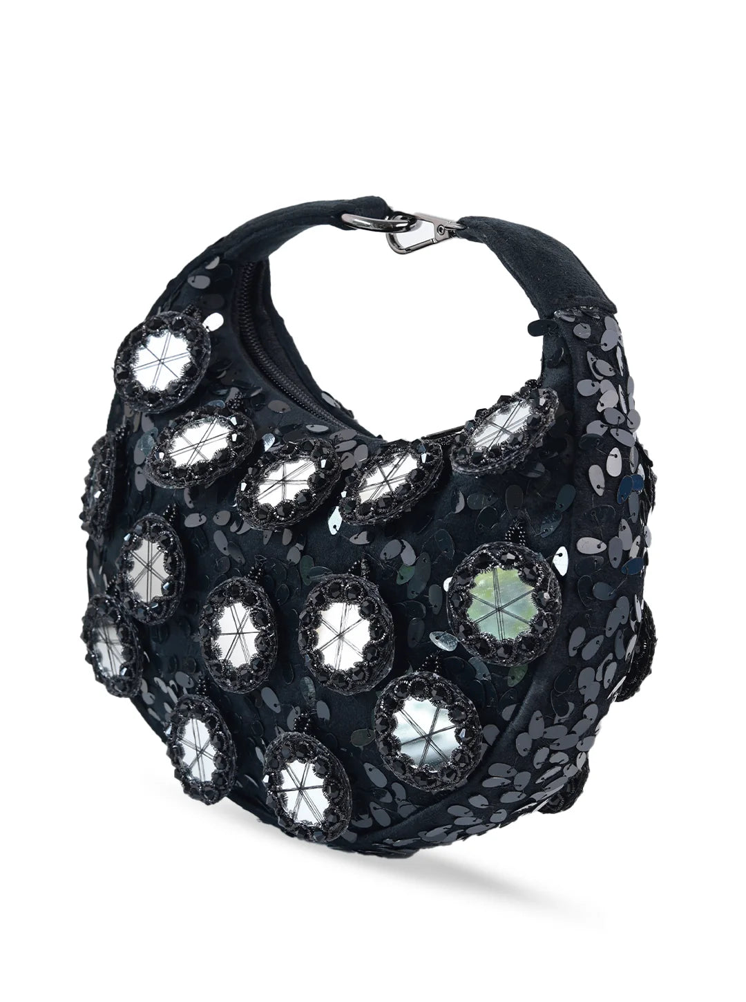 Black half-moon Kim Mirror Batua Bag by The Tan Clan featuring sleek design and compact size, perfect for stylish everyday use.