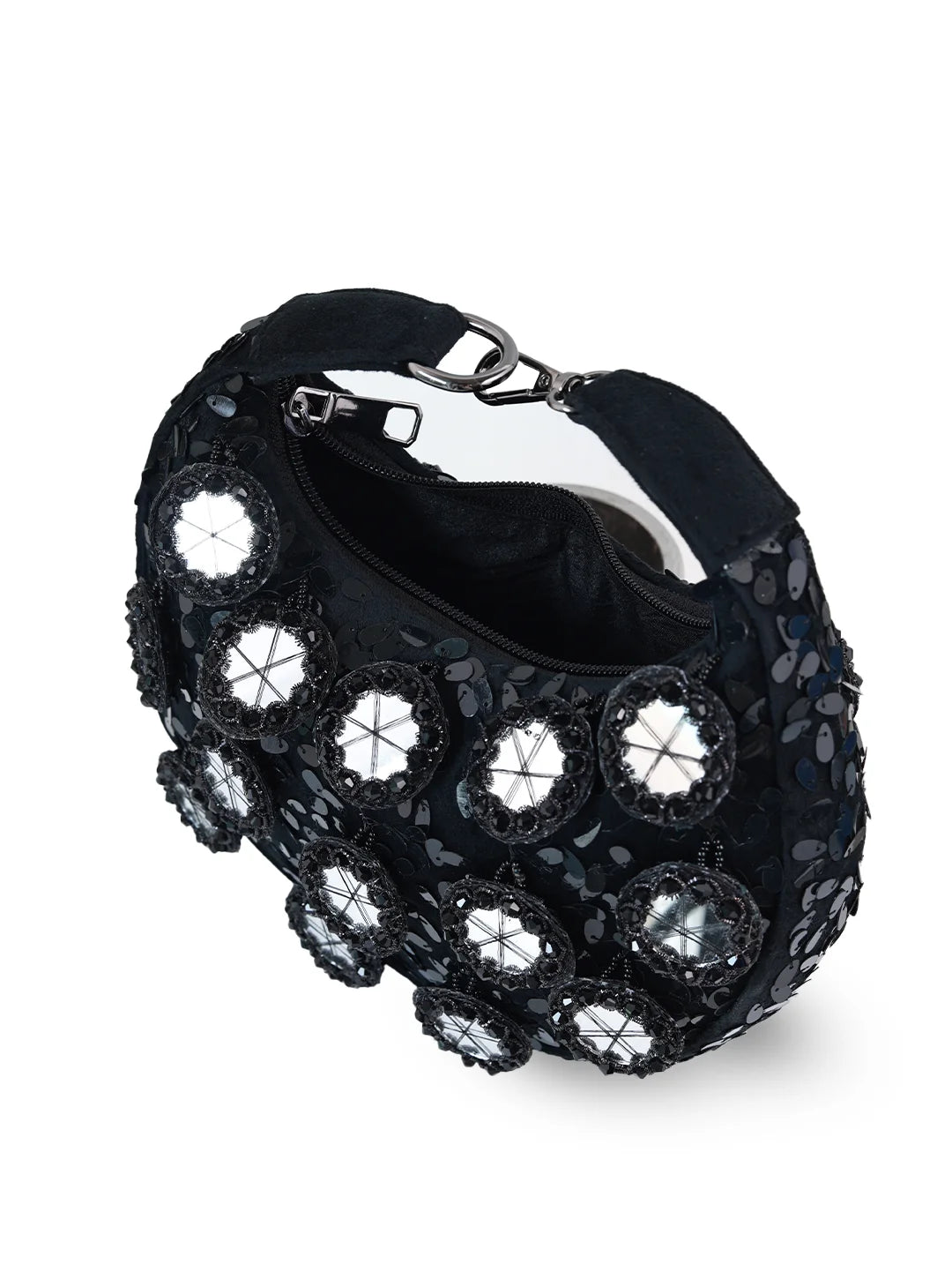 Black Kim Mirror Half Moon Bag by The Tan Clan, stylish Batua bag with reflective mirror detail and curved half-moon shape.