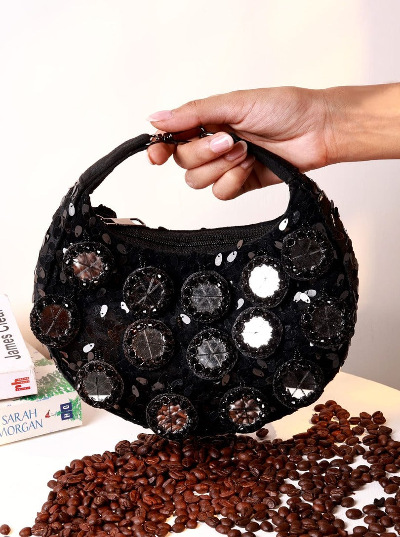 Black half moon Batua bag with mirror accent from The Tan Clan Kim Mirror collection, stylish and compact for everyday use.