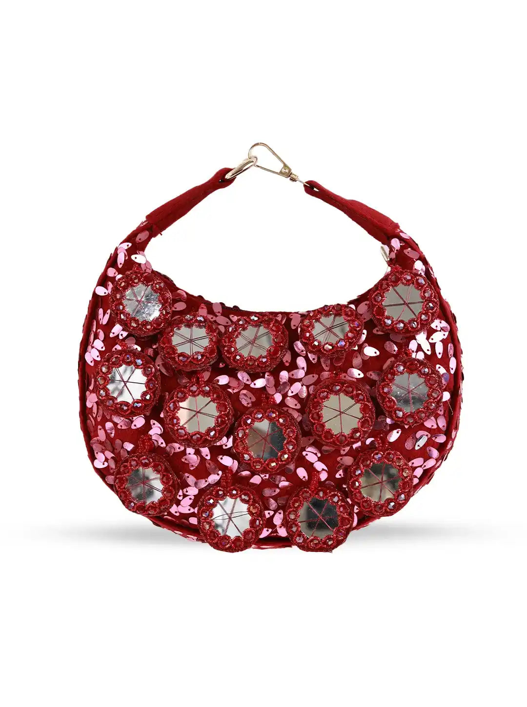 Red half-moon Kim Mirror Batua Bag by The Tan Clan with mirror detail and compact design, perfect for everyday use.