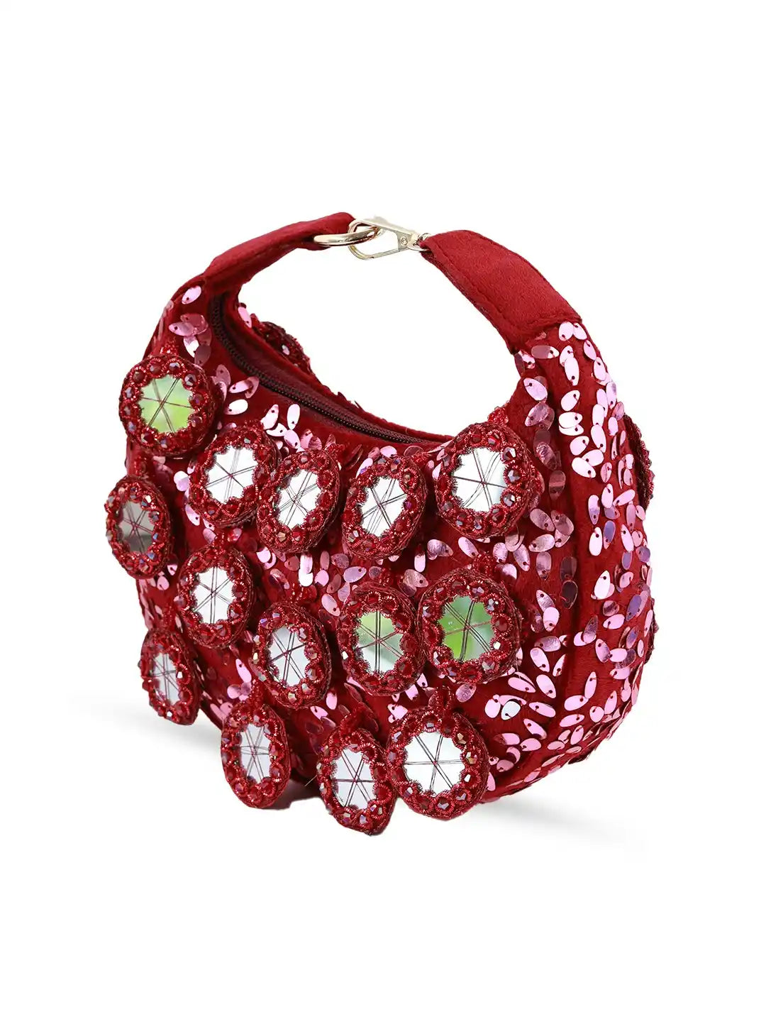Red half-moon batua bag with mirror detail from The Tan Clan Kim Mirror collection, featuring a stylish, compact design.