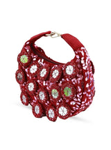 Red half-moon batua bag with mirror detail from The Tan Clan Kim Mirror collection, featuring a stylish, compact design.