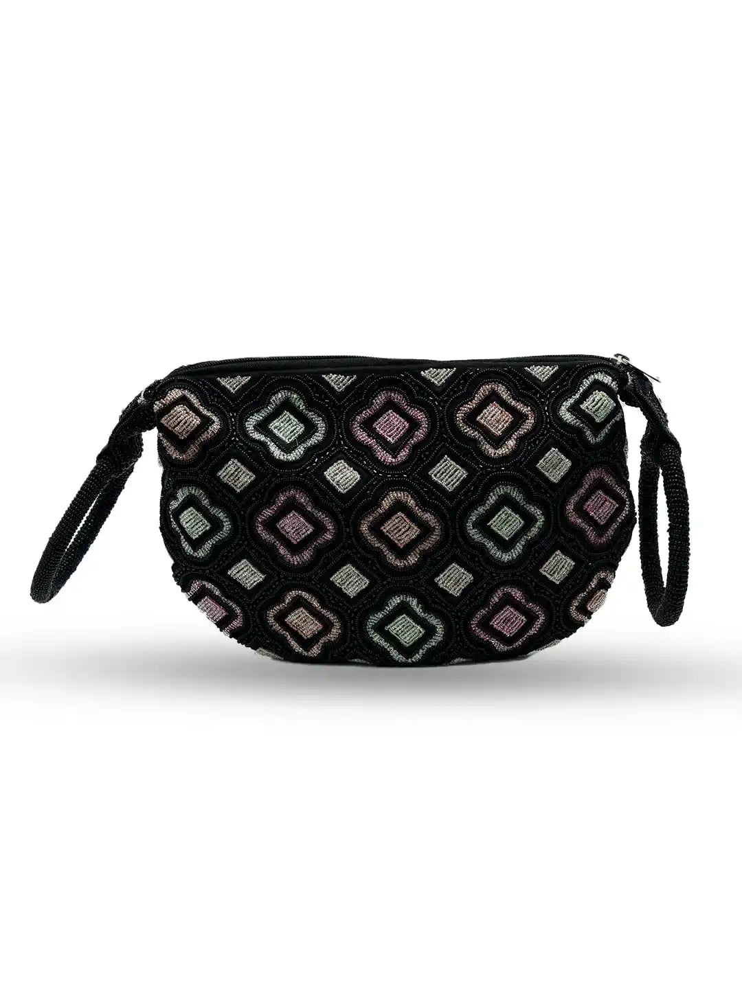Luna Black Half Moon Batua Bag by The Tan Clan featuring a sleek, curved design and adjustable strap for stylish carrying.