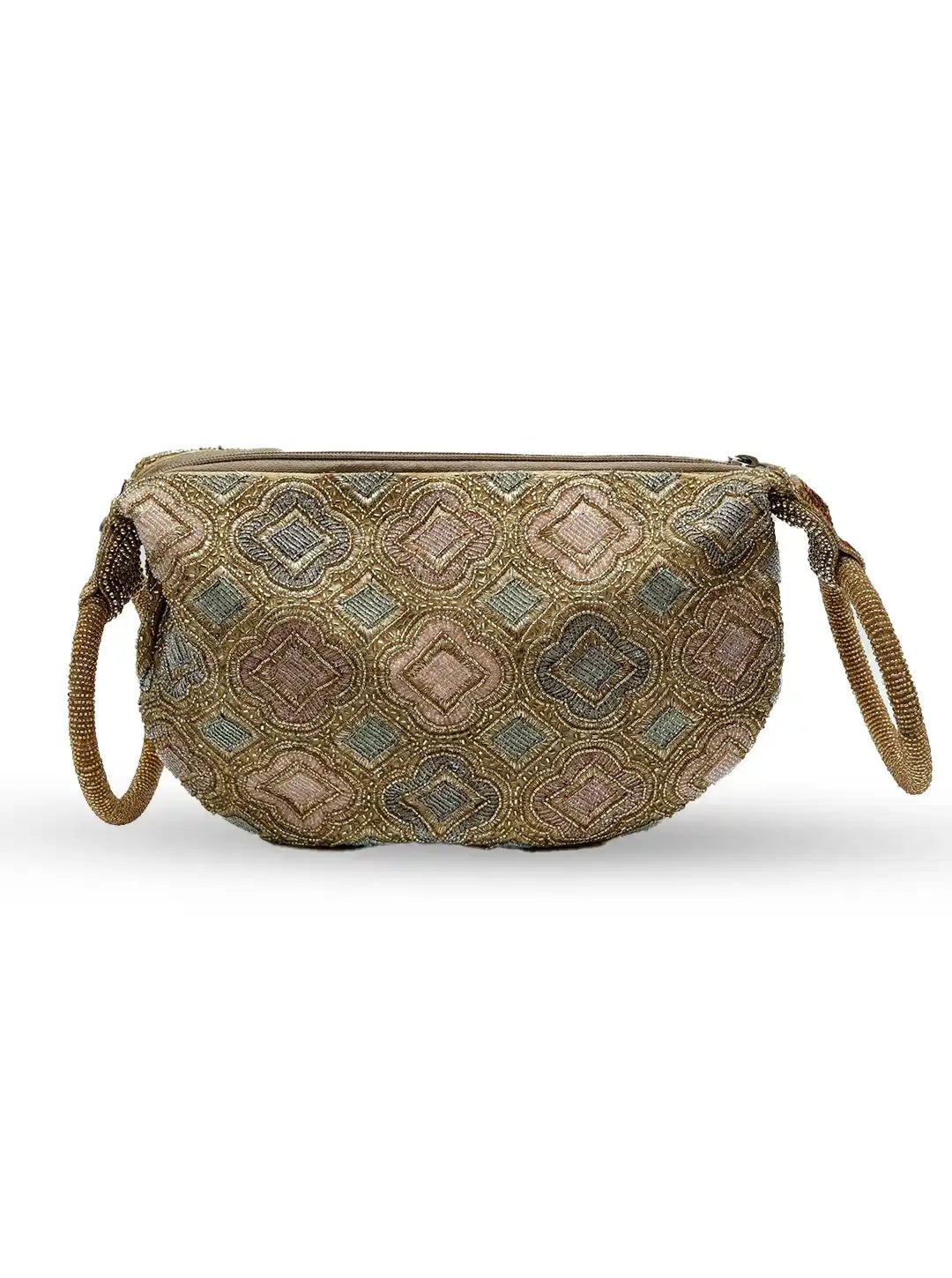 Luna Gold Half Moon Batua Bag by The Tan Clan featuring a stylish gold-tone half moon shape and compact design.