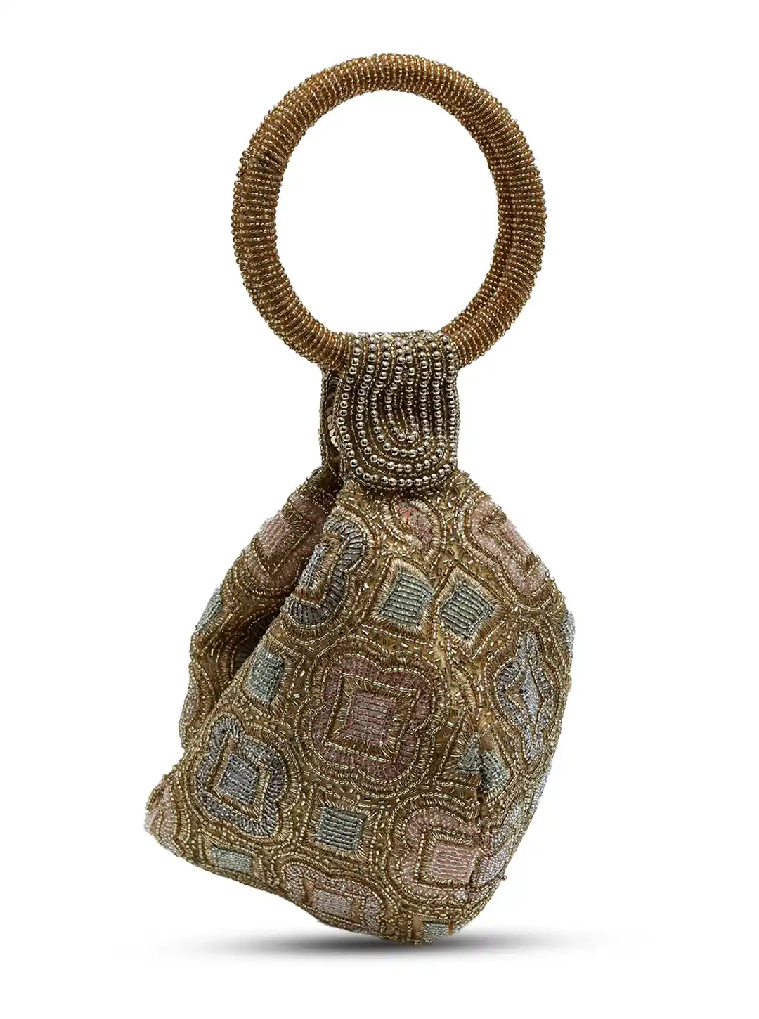 Luna Gold Half Moon Batua Bag by The Tan Clan featuring a shiny gold finish and unique half-moon shape.