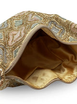 Luna Gold Half Moon Batua Bag by The Tan Clan featuring a shiny gold finish and stylish curved design.
