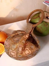 Luna Gold Half Moon Batua Bag by The Tan Clan, featuring a shiny gold finish and elegant half-moon shape with adjustable strap.