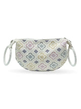 Luna White Half Moon Batua Bag by The Tan Clan featuring a stylish crescent-shaped design and adjustable strap.