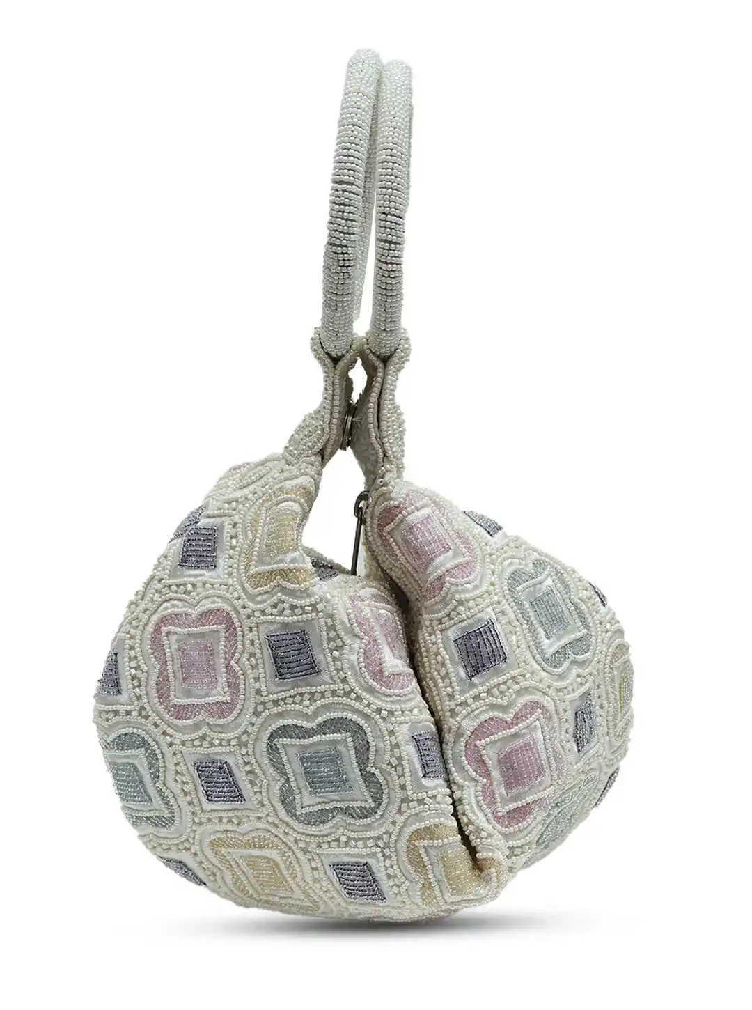 Luna White Half Moon Batua Bag by The Tan Clan featuring a sleek, crescent-shaped design with a strap and minimalist style.