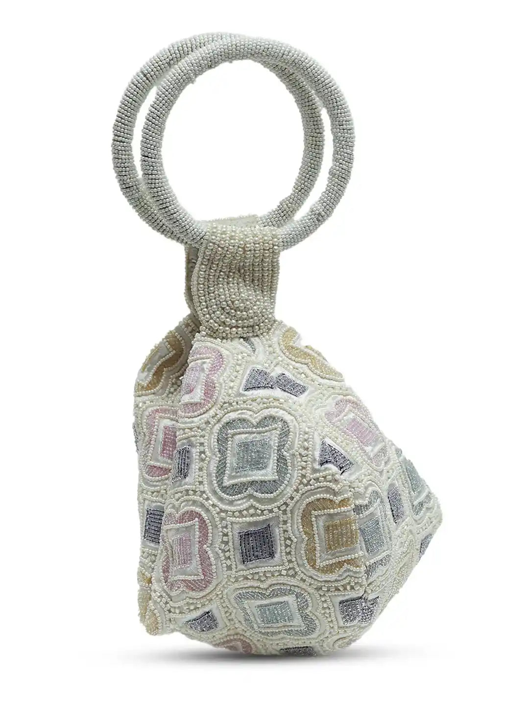 Luna White Half Moon Batua Bag by The Tan Clan featuring a stylish white crescent-shaped leather bag with a strap.