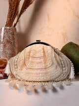 Nora Tasselled Half Moon Batua Bag by The Tan Clan featuring tassels and a half moon shape with versatile carrying options.