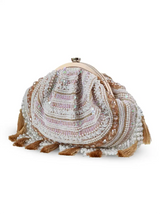 Nora Tasselled Half Moon Batua Bag by The Tan Clan featuring tassel details and a stylish half moon shape.