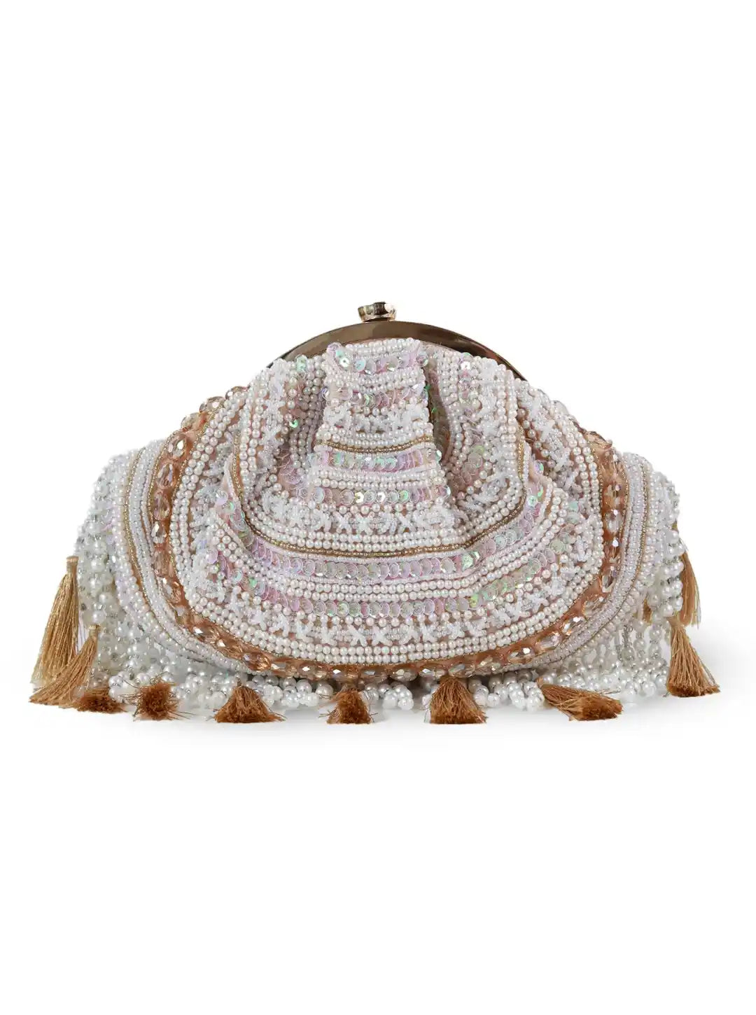 Nora tasselled half moon Batua bag by The Tan Clan featuring a sleek design with tassel accents and a curved shape.