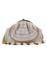 Nora tasselled half moon Batua bag by The Tan Clan featuring a sleek design with tassel accents and a curved shape.