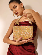 Beige Kavya Gold Flap Over Bag with Handle by The Tan Clan, featuring a stylish gold flap and comfortable shoulder strap.