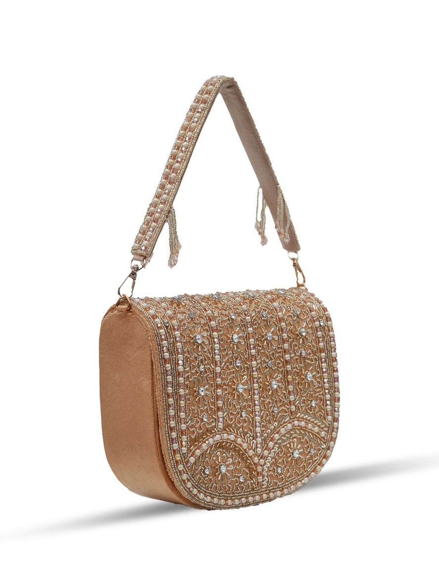Beige Kavya Gold Flap Over Bag with Handle by The Tan Clan, featuring a stylish gold flap and sturdy top handle.