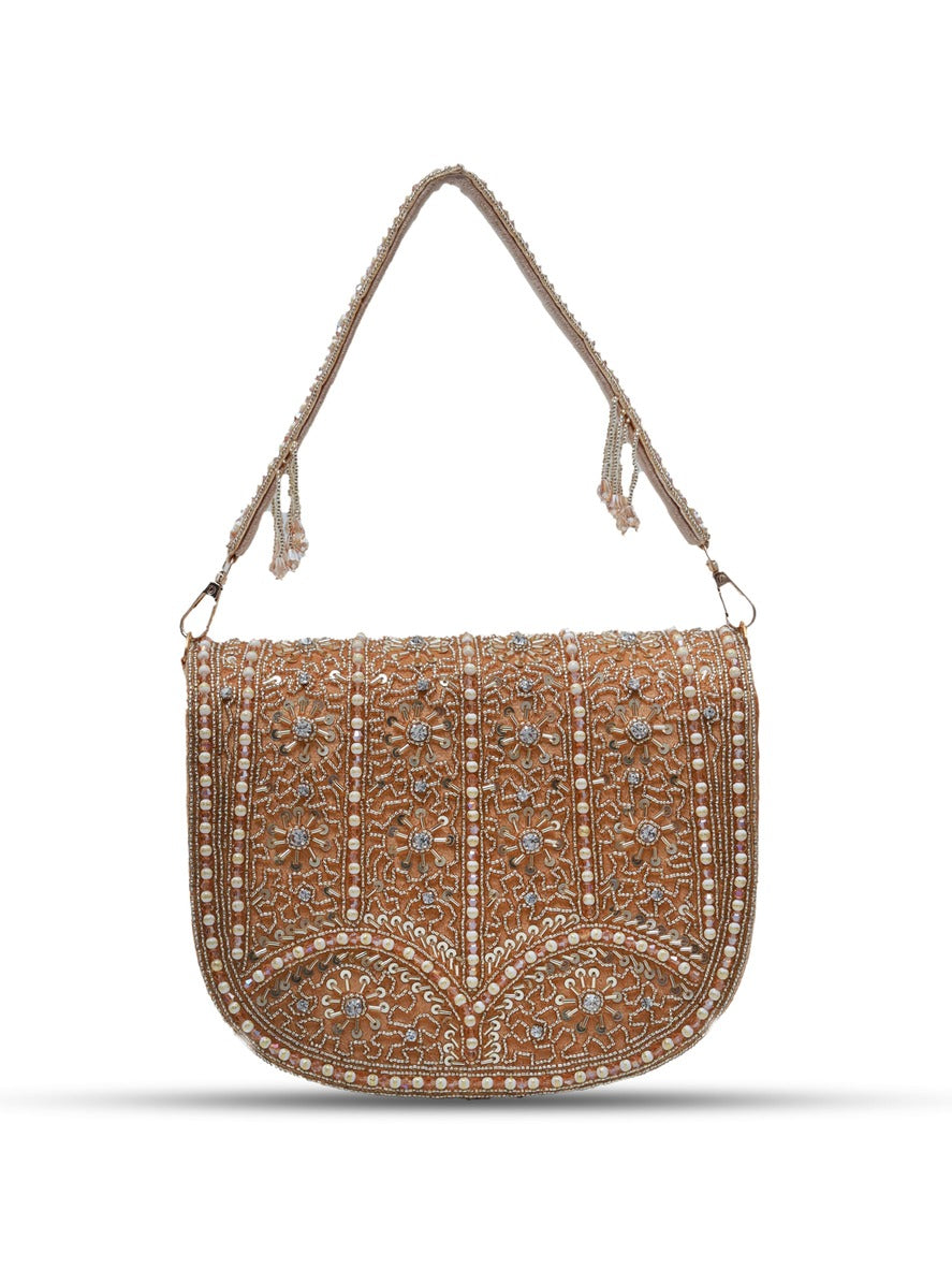 Beige Kavya Gold Flap Over Bag with Handle by The Tan Clan, featuring a stylish gold flap and comfortable top handle.