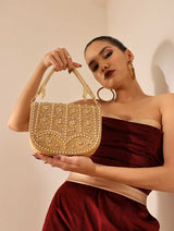 Beige Kavya Gold Flap Over Bag with Handle by The Tan Clan, featuring a stylish gold flap and comfortable top handle.