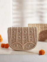 Kavya Gold Flap Over Bag by The Tan Clan with beige color, handle, and flap closure, stylish and functional accessory.