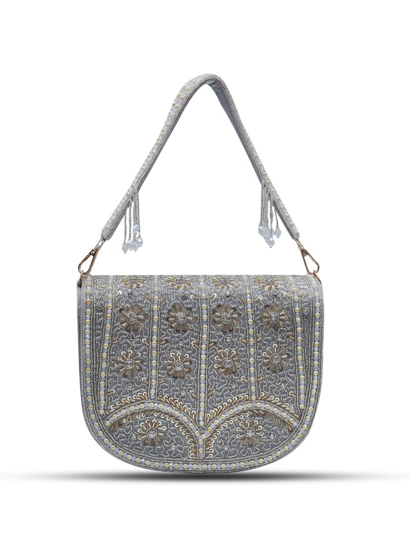 Kavya Grey Flap Over Bag with Handle by The Tan Clan, stylish handbag with flap closure and top handle for everyday use