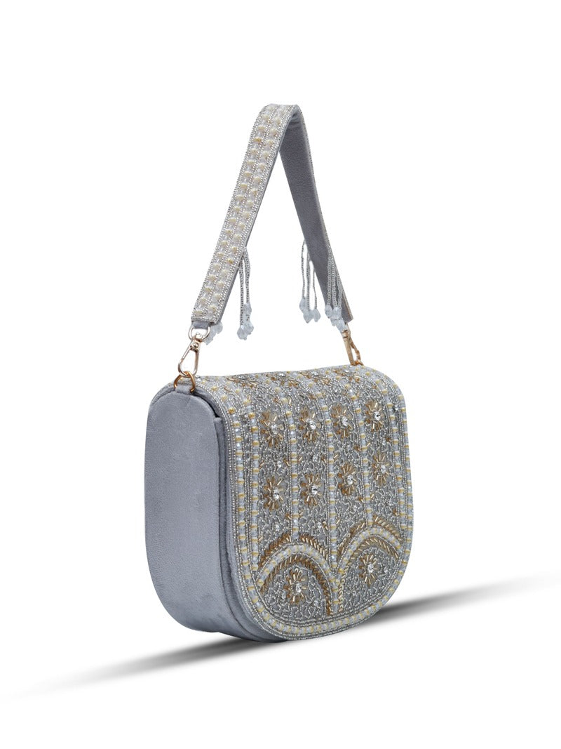 Kavya grey flap-over bag with handle by The Tan Clan, featuring a stylish design and spacious interior for everyday use.