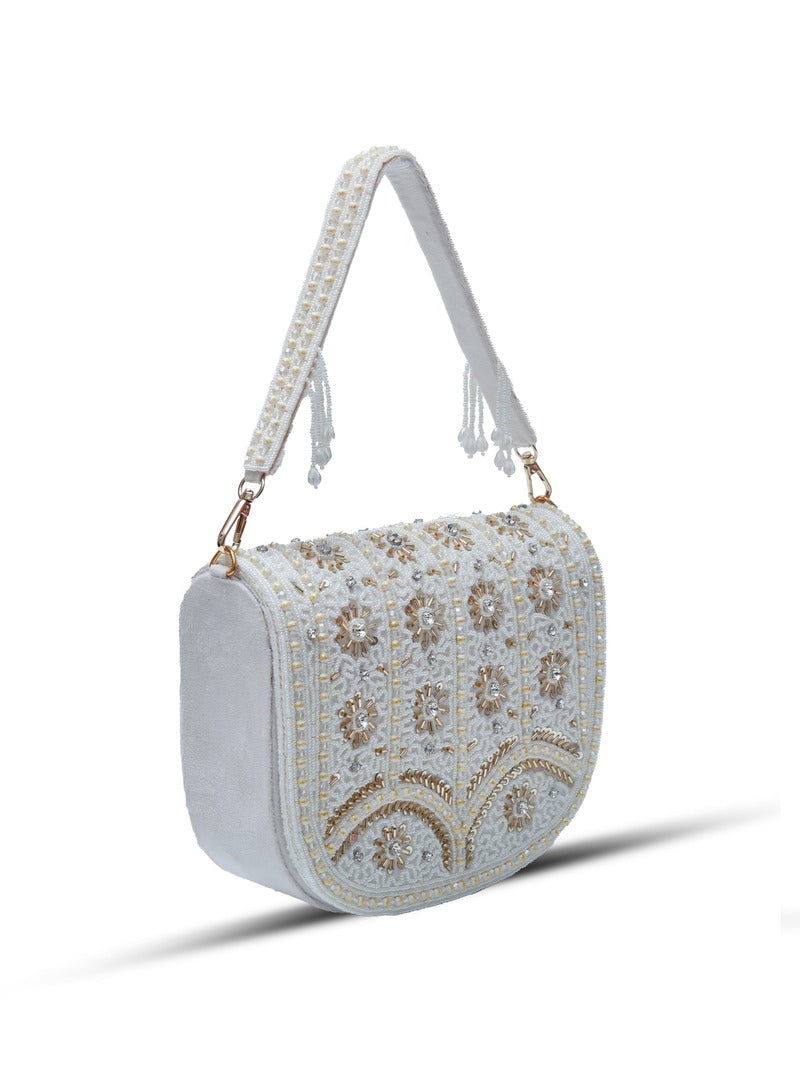 Kavya white flap-over bag with handle from The Tan Clan, featuring a stylish beige design and secure front flap closure.