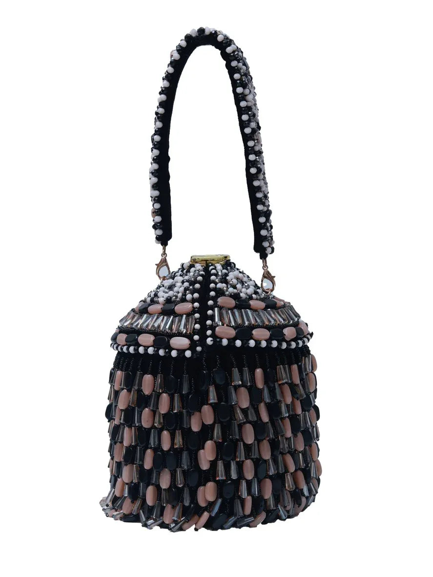 Black Bella round embellished bag with handle from The Tan Clan, featuring decorative details and a stylish design.