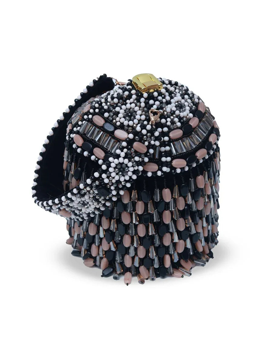 Black Bella round embellished bag with handle from The Tan Clan, featuring decorative detailing and a stylish design.